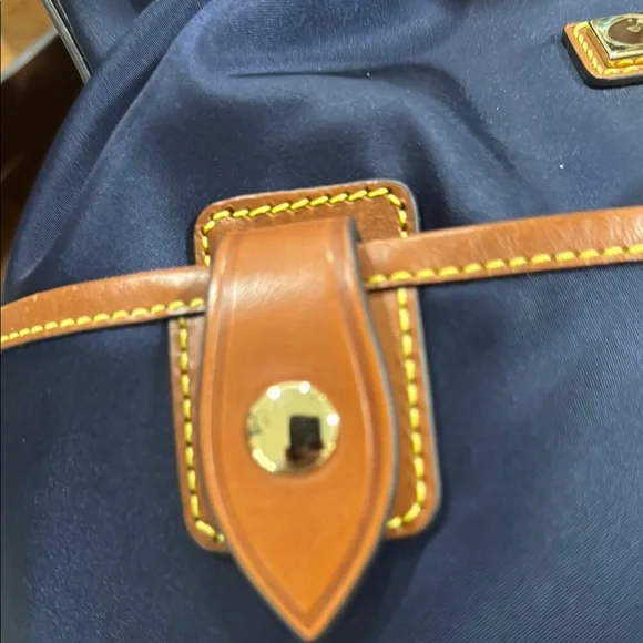 Dooney & Bourke Italian Nylon Navy and Brown Hobo Drawstring Bag - Picture 10 of 15